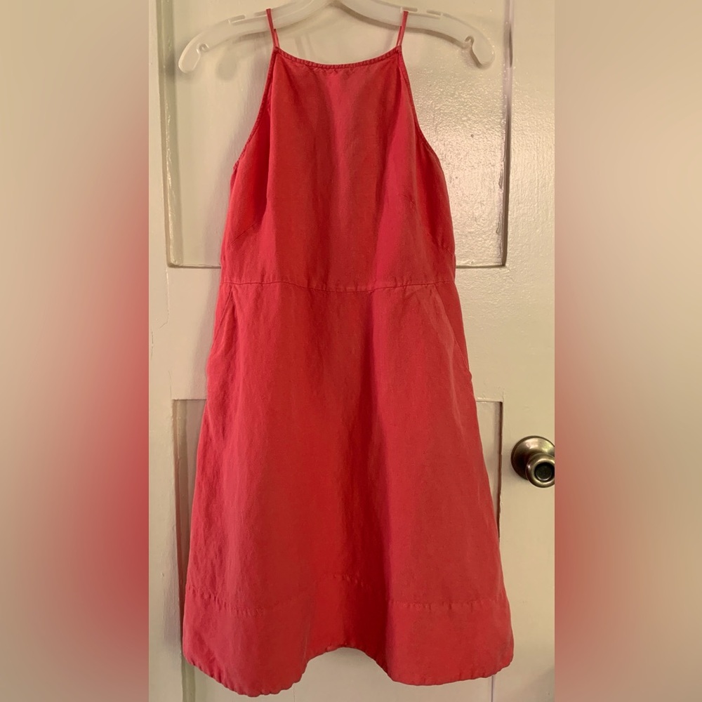 Loft linen coral colored halter sundress with back ties and high shoulder straps
